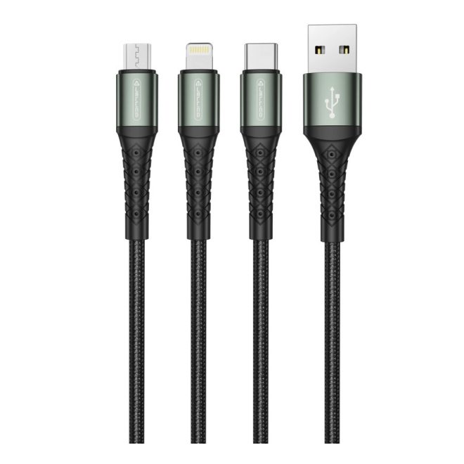 3in1 1,2m Telefon Extra Erős Töltő Kábel 3,1A Fekete, USB to USB-C MicroUSB Lightning, Cipőfűző Mintás