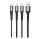 3in1 1,2m Telefon Extra Erős Töltő Kábel 3,1A Fekete, USB to USB-C MicroUSB Lightning, Cipőfűző Mintás (Jellico - B11)