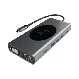   13-in-1 több portos USB-C HUB | vezeték nélküli töltővel | HDMI, VGA, 3xUSB-C (2.0 és 3.0) , 3xUSB (2.0 és 3.0) SD/microSD kártya olvasó, 3,5mm jack audio csatlakozó, RJ-45 LAN (Internet, Gigabites)