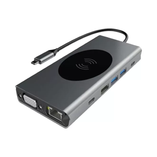 13-in-1 több portos USB-C HUB | vezeték nélküli töltővel | HDMI, VGA, 3xUSB-C (2.0 és 3.0) , 3xUSB (2.0 és 3.0) SD/microSD kártya olvasó, 3,5mm jack audio csatlakozó, RJ-45 LAN (Internet, Gigabites)