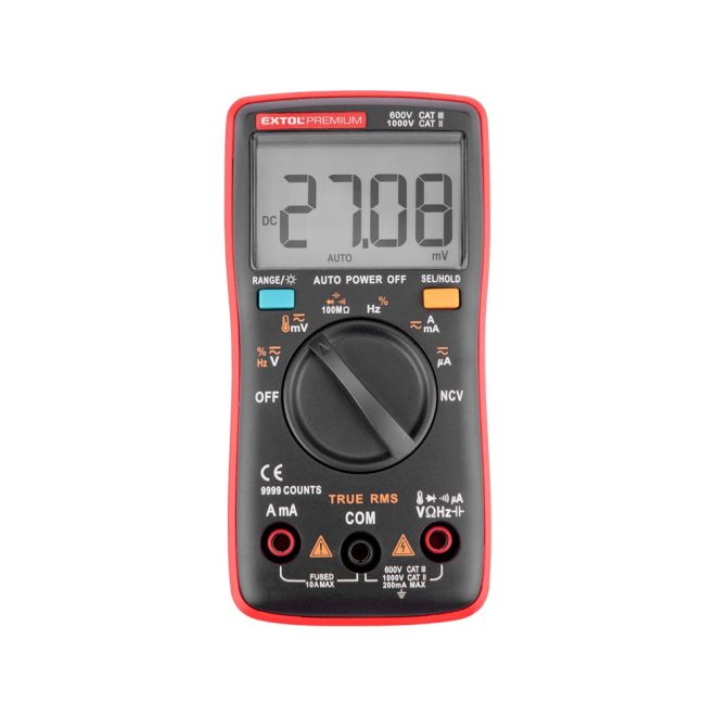 EXTOL® Prémium Digitális Multiméter; Amper-Volt-Ohm mérő, True RMS, hangjelző funkcióval, CE, 2 db 1,5V AAA elemmel (8831254)