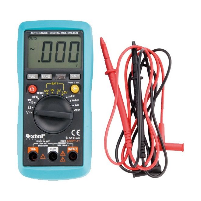 EXTOL® Prémium digitális multiméter; Amper-Volt-Ohm mérő, hangjelző funkcióval, CE, 3 db 1,5V AAA elemmel (8831250)