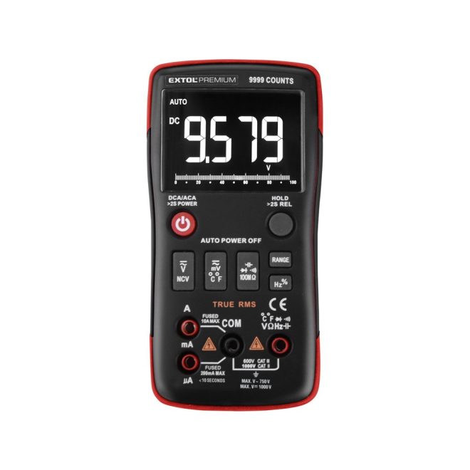 EXTOL® Prémium digitális multiméter; Amper-Volt-Ohm- Tranzisztor-Dióda mérő, True RMS, hangjelző funkcióval, CE, 2 db 1,5V AA elem (8831251)