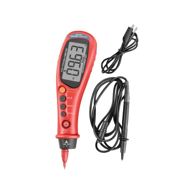 EXTOL® Prémium digitális multiméter, toll típusú; Amper-Volt-Ohm mérő, hangjelző funkcióval, CE, 2 db 1,5V AAA elemmel (8831252)