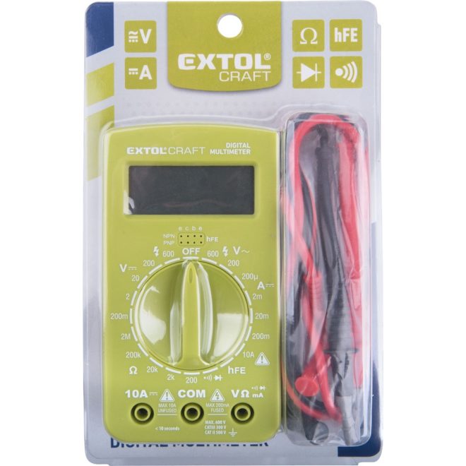 EXTOL® digitális multiméter; Amper-Volt-Ohm-Dióda mérő, hangjelző funkcióval, CE, 1 db 9V elemmel (600011)