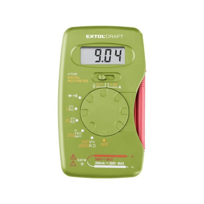 EXTOL® Digitális multiméter; Amper-Volt-Ohm-Dióda mérő, hangjelző funkcióval, CE, 1 db 9V elemmel (417400)