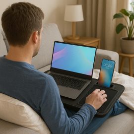   Hordozható multifunkciós laptoptartó párna – beépített egérpad és telefontartó, párnázott kényelmes állvány