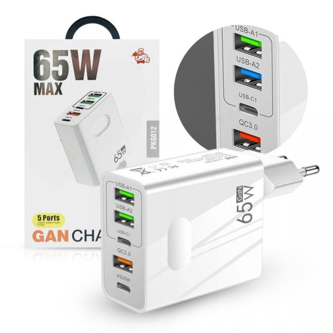 Univerzális 65W GaN Telefon és tablet Gyorstöltő 5 USB portos, 3xUSB és 2xUSB-C (Type-C) fehér