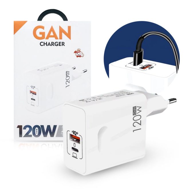 Univerzális 120W GaN Telefon, tablet és laptop Gyorstöltő USB és USB-C (Type-C) fehér