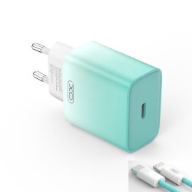   Apple iPhone-hoz 30W Türkiz Kék - Fehér Gyors Töltő + Cipőfűző mintás Türkiz Kék - Fehér Színes Kábel (USB-C to Lightning)