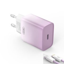   Apple iPhone-hoz 30W Lila - Fehér Gyors Töltő + Cipőfűző mintás Lila - Fehér Színes Kábel (USB-C to Lightning)