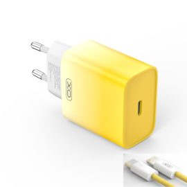   Apple iPhone-hoz 30W Sárga - Fehér Gyors Töltő + Cipőfűző mintás Sárga - Fehér Színes Kábel (USB-C to Lightning)