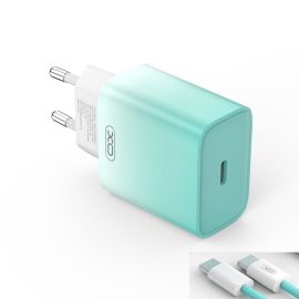   Apple iPhone 15, 16-hoz 30W Türkiz Kék - Fehér Gyors Töltő + Cipőfűző mintás Türkiz Kék - Fehér Színes Kábel (USB-C to USB-C)
