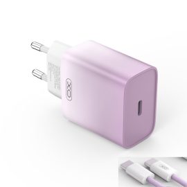   Apple iPhone 15, 16-hoz 30W Lila- Fehér Gyors Töltő + Cipőfűző mintás Lila - Fehér Színes Kábel (USB-C to USB-C)