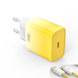   Apple iPhone 15, 16-hoz 30W Sárga - Fehér Gyors Töltő + Cipőfűző mintás Sárga - Fehér Színes Kábel (USB-C to USB-C)