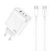 Univerzális 65W GaN Telefon és Tablet Gyorstöltő 3 USB portos, 2xUSB-C (Type-C) és 1xUSB + 1m USB-C to USB-C Kábel
