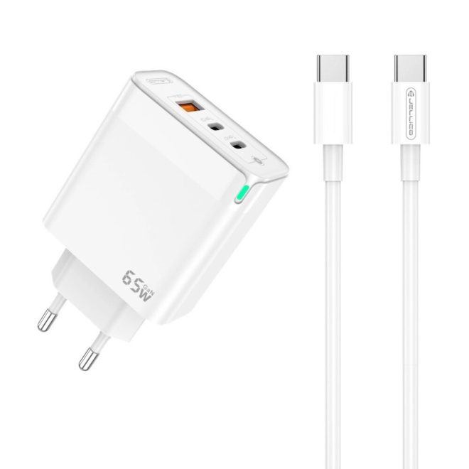 Univerzális 65W GaN Telefon és Tablet Gyorstöltő 3 USB portos, 2xUSB-C (Type-C) és 1xUSB + 1m USB-C to USB-C Kábel