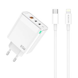   Apple iPhone-hoz 65W GaN Telefon és Tablet Gyorstöltő 3 USB portos, 2xUSB-C (Type-C) és 1xUSB + 1m USB-C to Lightning Kábel