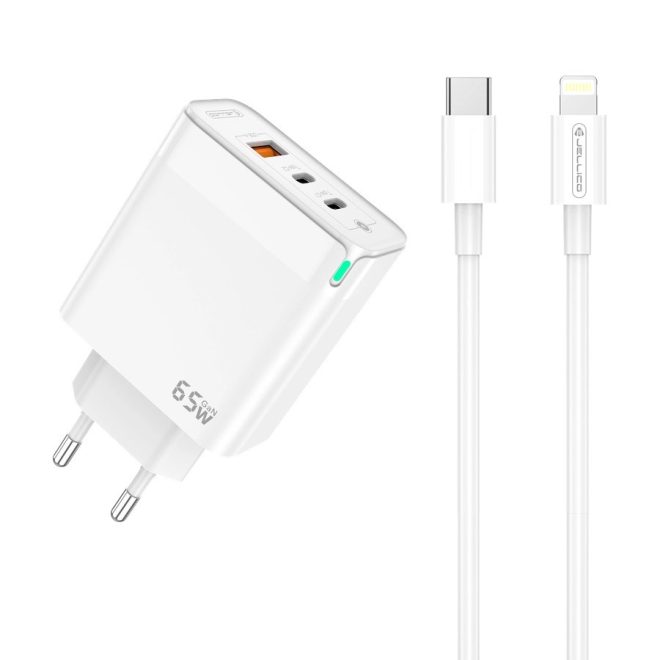 Apple iPhone-hoz 65W GaN Telefon és Tablet Gyorstöltő 3 USB portos, 2xUSB-C (Type-C) és 1xUSB + 1m USB-C to Lightning Kábel