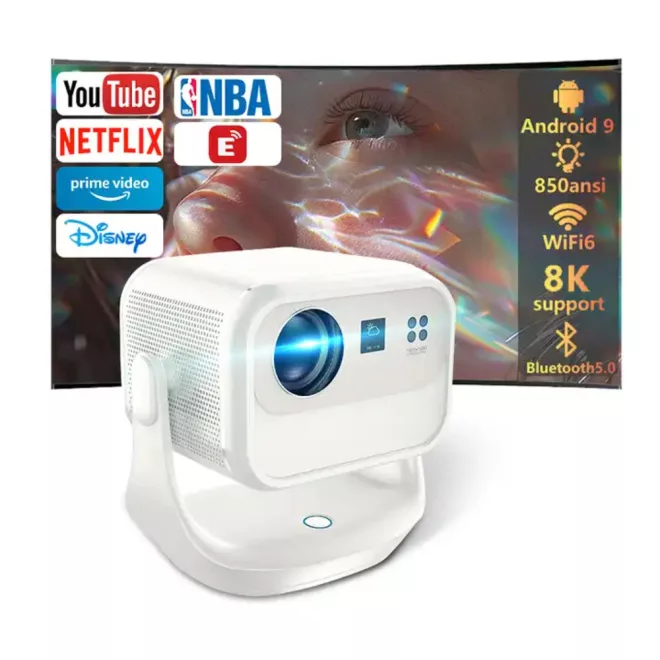 FULL HD LED Videóprojektor TV Natív 1920x1080p, 850 ANSI Lumen, 4K támogatás, Android 9.0, WiFi, Bluetooth 5.0, Kontraszt 10.000:1, Netflix, Disney+, Youtube, házi mozi, MAGYAR nyelvű menüvel