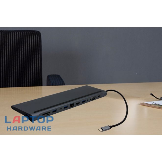 USB-C HUB 12 portos dokkoló HDMI, VGA, USB-C, SD/microSD kártya olvasó, RJ-45 (Internet), 3,5mm audio, 4db USB 3.0 portokkal