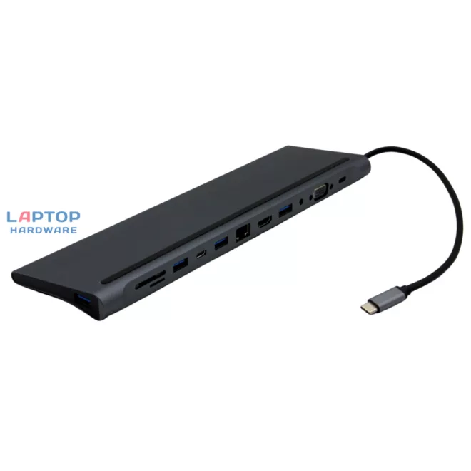 USB-C HUB 12 portos dokkoló HDMI, VGA, USB-C, SD/microSD kártya olvasó, RJ-45 (Internet), 3,5mm audio, 4db USB portokkal
