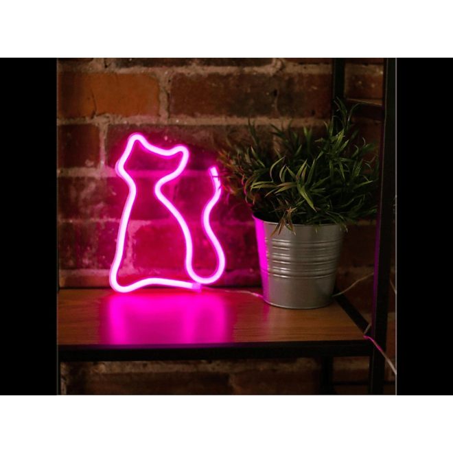 Cica mintás LED neon lámpa, falra akasztható világítás,USB csatlakozóval, rózsaszín