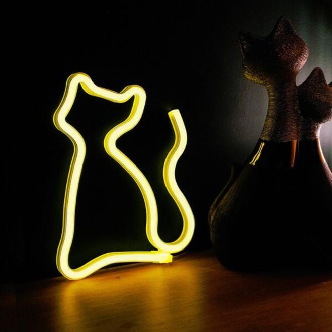 Cica mintás LED neon lámpa, falra akasztható világítás,USB csatlakozóval, sárga