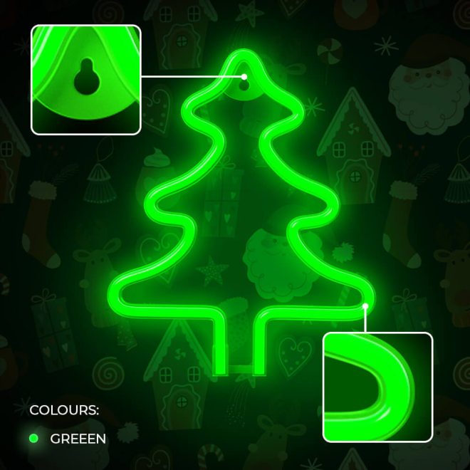 Karácsonyfa mintás LED neon lámpa, falra akasztható világítás, USB csatlakozóval, zöld