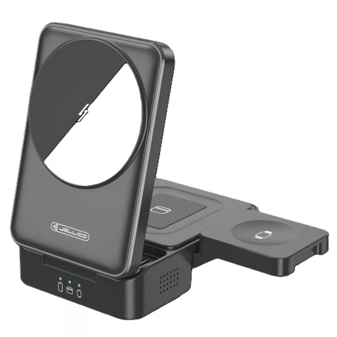 MagSafe Vezeték nélküli 3-az-1-ben Töltőállomás, iPhone-hoz, Apple Watch-hoz és AirPods-hoz vezeték nélküli töltő, 15W, fekete (JELLICO W25)