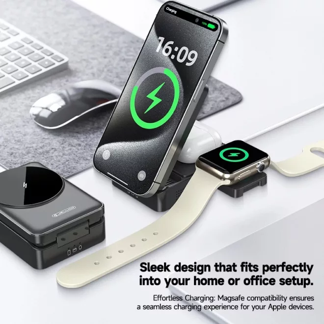 MagSafe Vezeték nélküli 3-az-1-ben Töltőállomás, iPhone-hoz, Apple Watch-hoz és AirPods-hoz vezeték nélküli töltő, 15W, fekete (JELLICO W25)