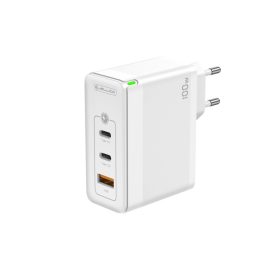   100W GaN Hálózati Telefon, Tablet, Kamera és Fényképezőgép Gyors Töltő, 2db USB-C, és 1db USB-A aljzattal, fehér