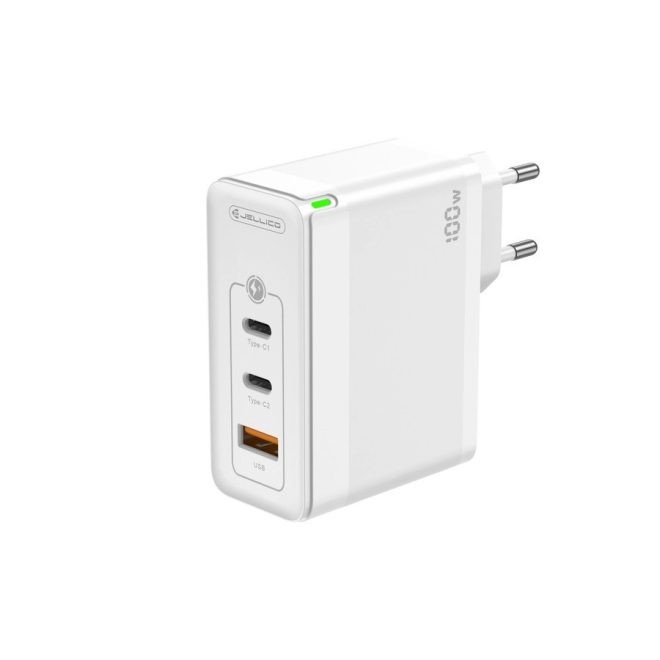 100W GaN Hálózati Telefon, Tablet, Kamera és Fényképezőgép Gyors Töltő, 2db USB-C, és 1db USB-A aljzattal, fehér