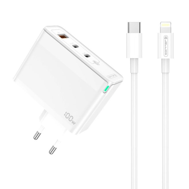 Univerzális 100W GaN Hálózati Telefon, Tablet, Kamera és Fényképezőgép Gyors Töltő, 2db USB-C, és 1db USB-A aljzattal + 1m USB-C to Lightning Kábel (Jellico - C118)