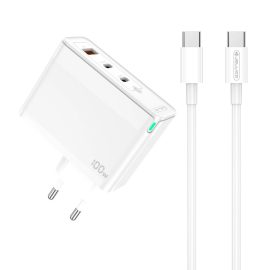   Univerzális 100W GaN Hálózati Telefon, Tablet, Kamera és Fényképezőgép Gyors Töltő, 2db USB-C, és 1db USB-A aljzattal + 1m USB-C to USB-C Kábel (Jellico - C118)