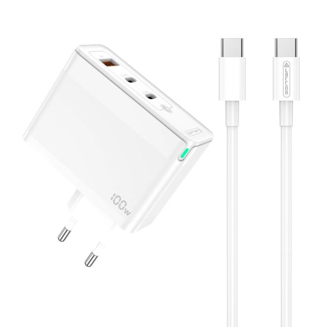 Univerzális 100W GaN Hálózati Telefon, Tablet, Kamera és Fényképezőgép Gyors Töltő, 2db USB-C, és 1db USB-A aljzattal + 1m USB-C to USB-C Kábel (Jellico - C118)