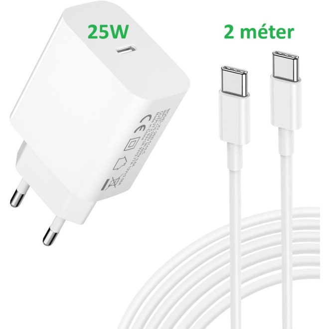 Apple iPhone 15, 16-hoz, Ipad M1, M2-höz 25W USB-C Gyors Töltő + 2m USB-C to USB-C Kábel