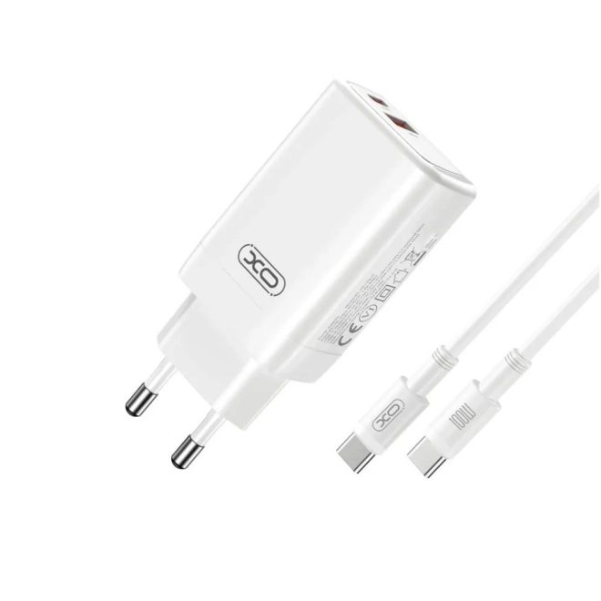 Samsung Galaxy-hoz 65W GaN 2 USB portos Gyorstöltő (2db foglalattal: USB-A és USB-C) + Kábel USB-C to USB-C (Type-C) 1 méter, Fehér