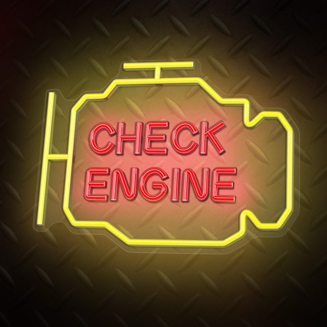 CHECK ENGINE feliratos LED neon lámpa, falra akasztható világítás, USB csatlakozóval