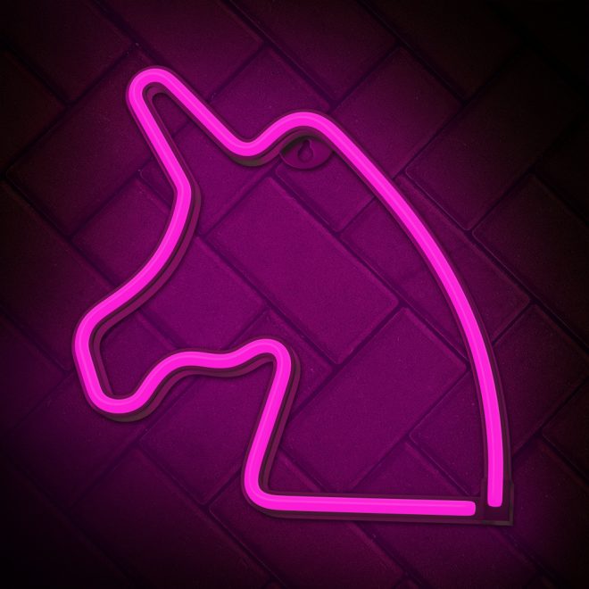 Unikornis alakú LED neon lámpa, falra akasztható világítás, USB csatlakozóval, rózsaszín