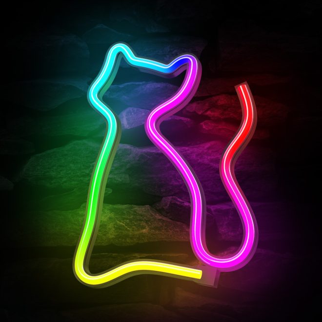 Cica alakú LED neon lámpa, falra akasztható világítás, USB csatlakozóval, RGB távirányítóval