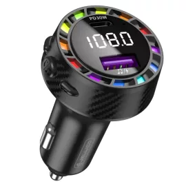   Szivargyújtós Autós FM Transmitter 30W USB-C és USB-A telefon gyors töltővel, Rainbow LED világítás, MP3 lejátszás (Jellico - FM2)