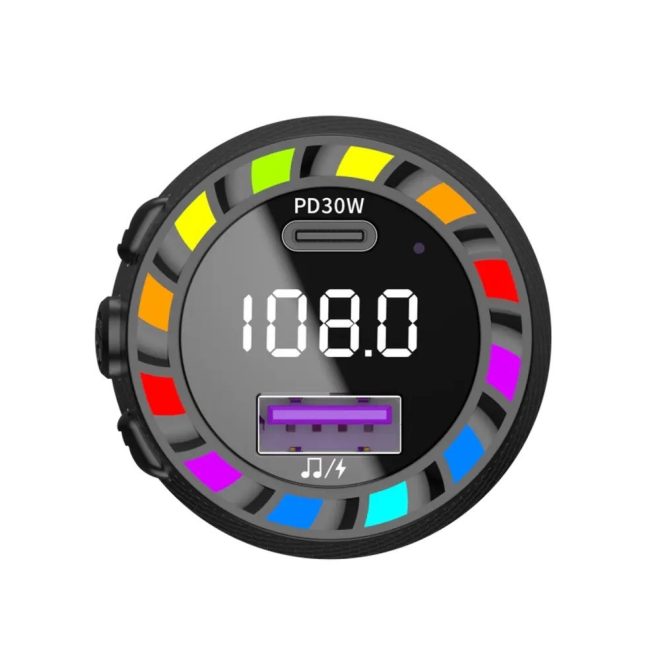 Szivargyújtós Autós FM Transmitter 30W USB-C és USB-A telefon gyors töltővel, Rainbow LED világítás, MP3 lejátszás (Jellico - FM2)