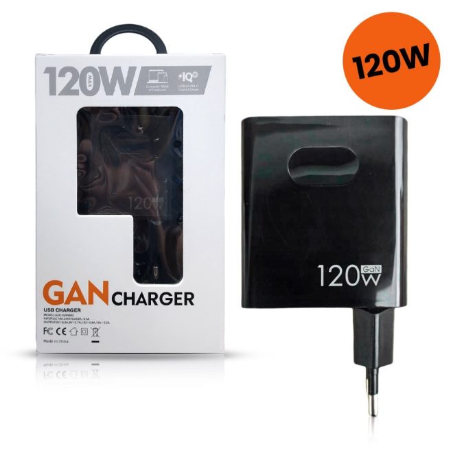 Univerzális 120W GaN Telefon, tablet és laptop Gyorstöltő USB és USB-C (Type-C) fekete