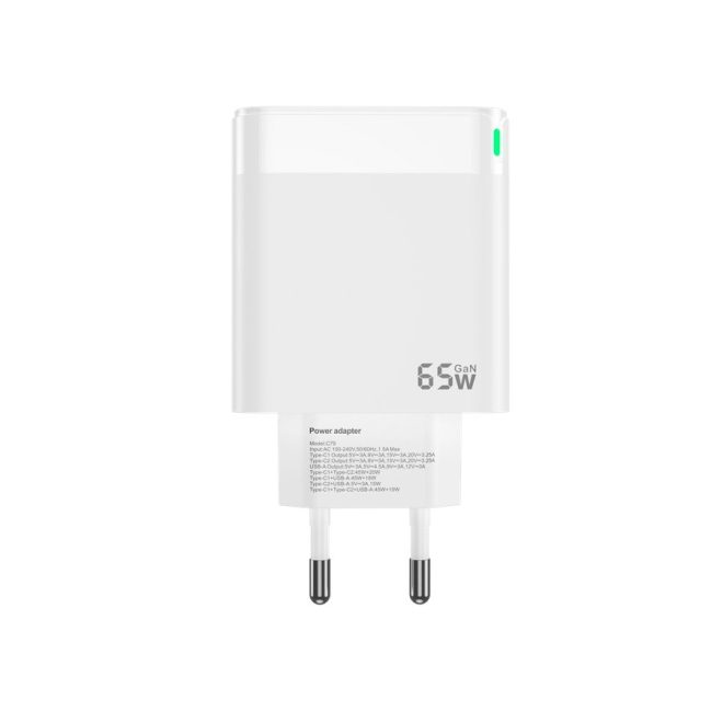 Univerzális 65W GaN Telefon és Tablet Gyorstöltő 3 USB portos, 2xUSB-C (Type-C) és 1xUSB
