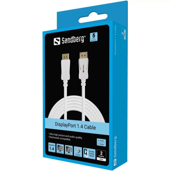 2m-es DisplayPort - DisplayPort (Apa/Apa) összekötő kábel, fehér (Sandberg - 509-15)