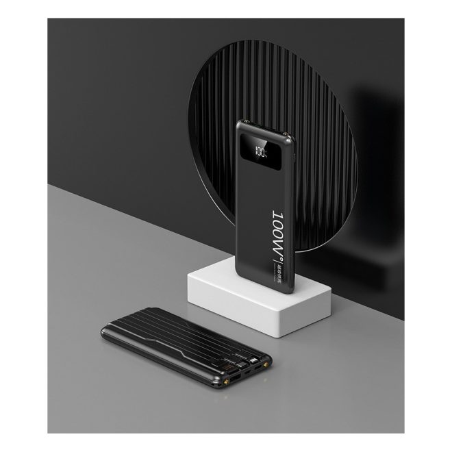 20000mAh Power Bank 100W-os, Digitális kijelző, LED lámpa, USB + USB-C + Lightning csatlakozó, Fekete (BLACKBIRD) 