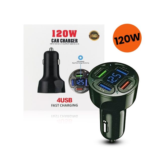 4db USB-s Autós, szivargyújtós gyors töltő 4xUSB, 120W, digitális LED-es akkufeszületég kijelzővel