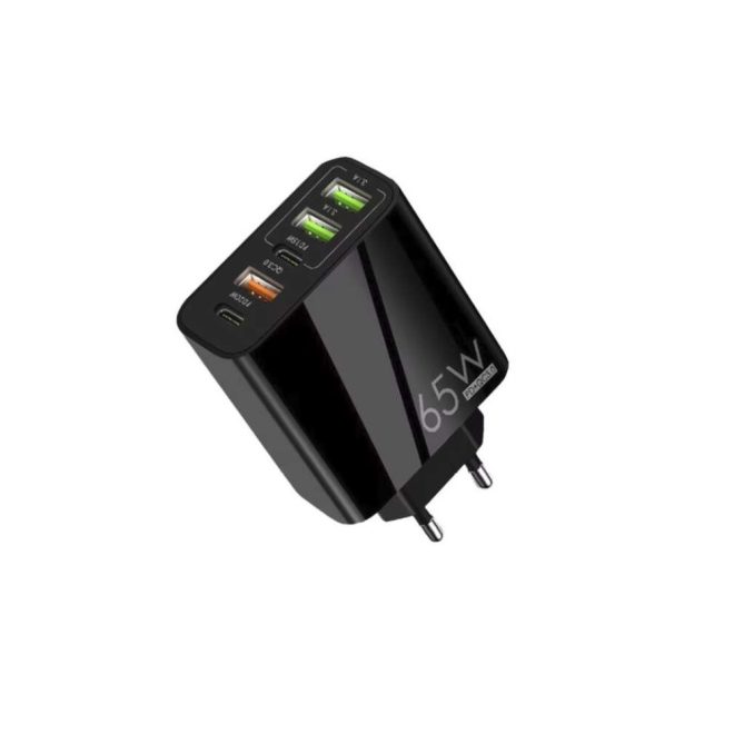 Univerzális 65W GaN Telefon és tablet Gyorstöltő 5 USB portos, 3xUSB és 2xUSB-C (Type-C) fekete