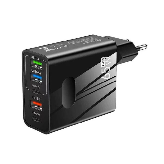 Univerzális 65W GaN Telefon, Tablet, Fényképezőgép és kamera Gyorstöltő 5 USB portos, 3xUSB és 2xUSB-C (Type-C) fekete